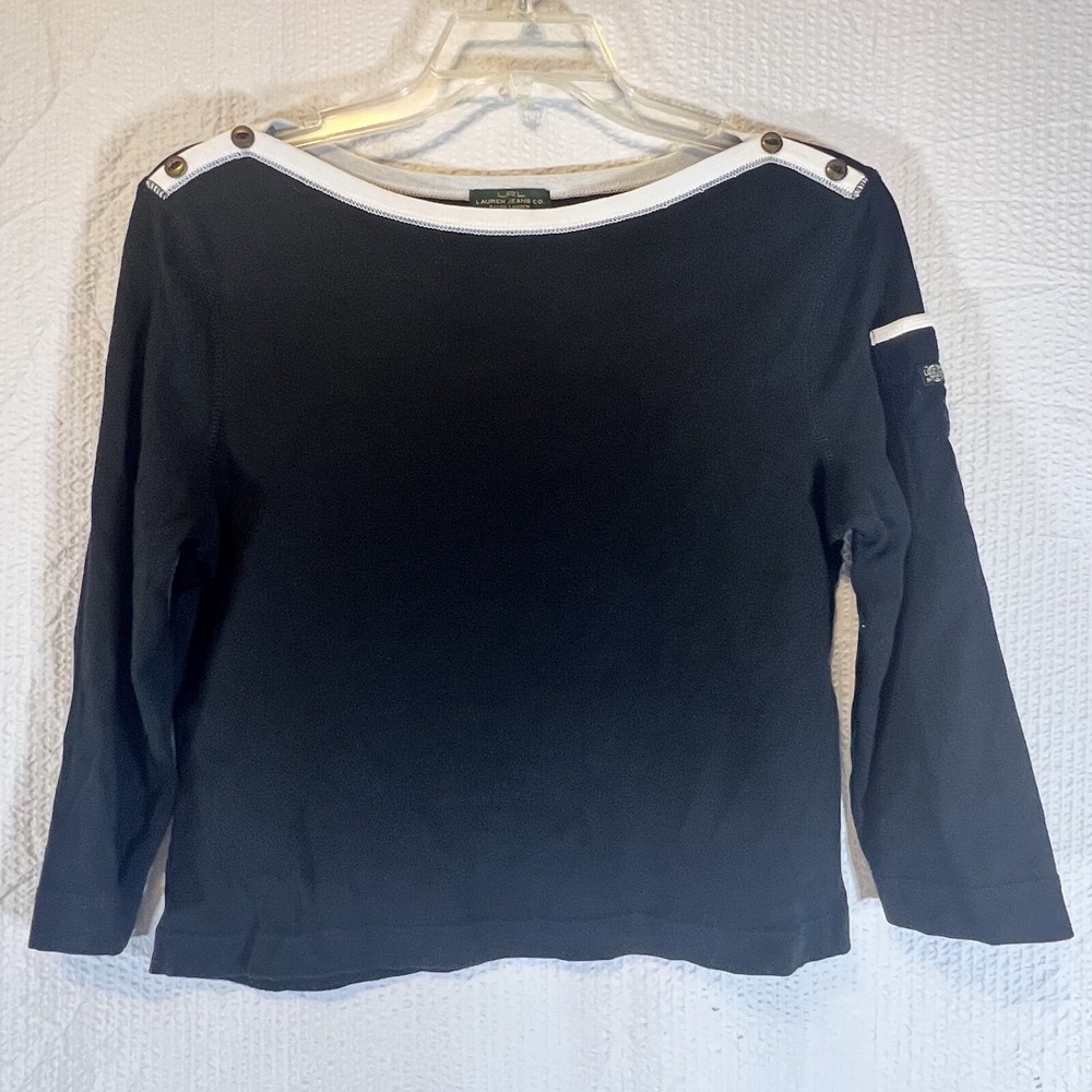 Lauren Ralph Lauren Navy Boat Neck Stretch Knit‎ Top XL Preppy Costal Grannycore